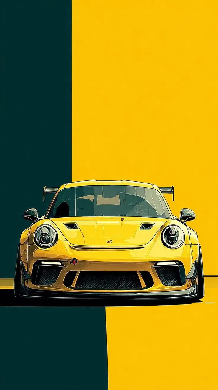 a yellow sports car on a green and yellow background
