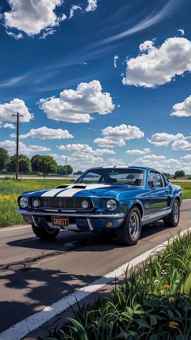 a blue car is driving down the road with clouds in the sky behind it and flowers growing on the side of the road