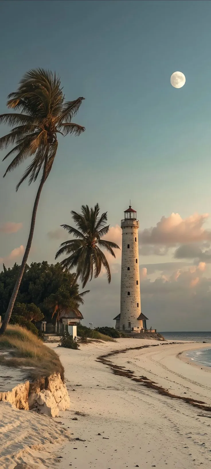 a light house sitting on top of a sandy beach next to the ocean and palm trees