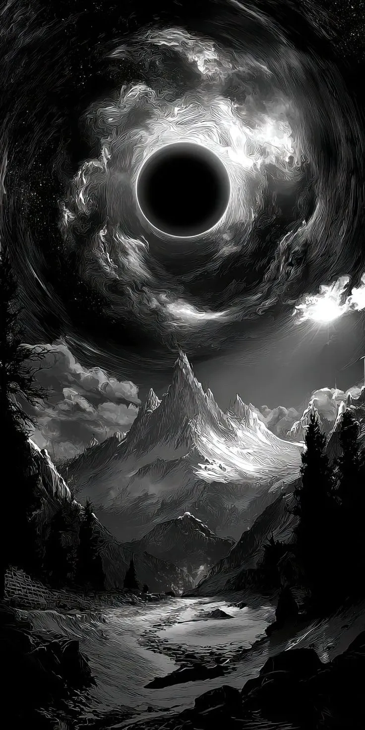 a black hole in the sky with clouds and mountains