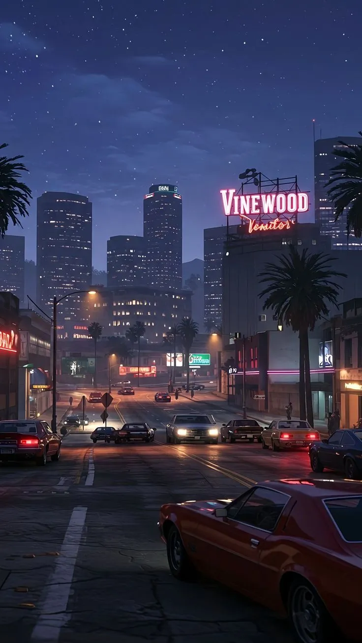 a city street at night with cars and palm trees