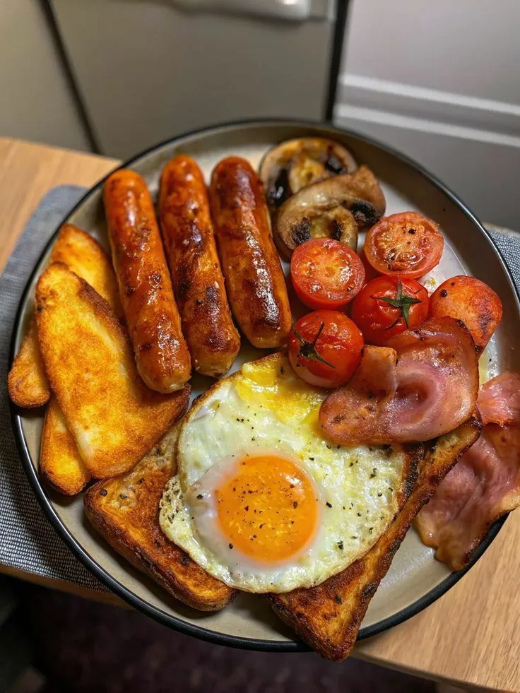 a plate with eggs, sausages, tomatoes and toast on it is sitting on a table