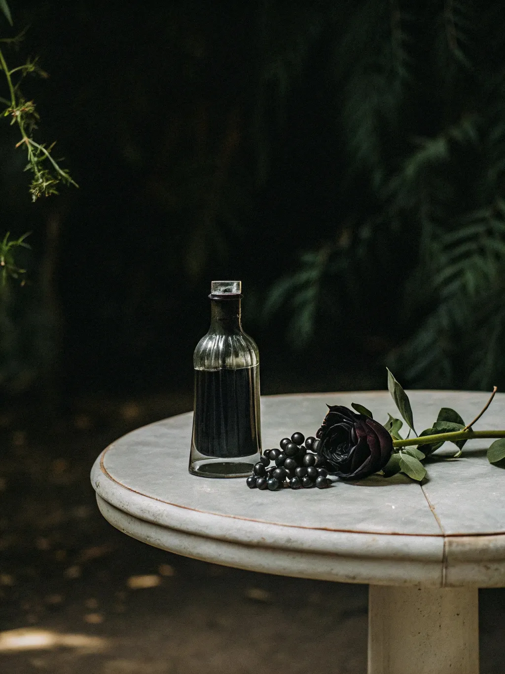 the white surface of the table, on it a bottle,...