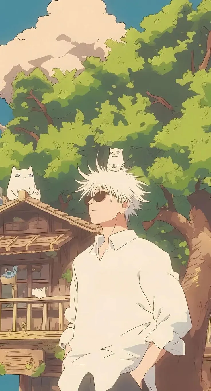 an anime character standing in front of a tree