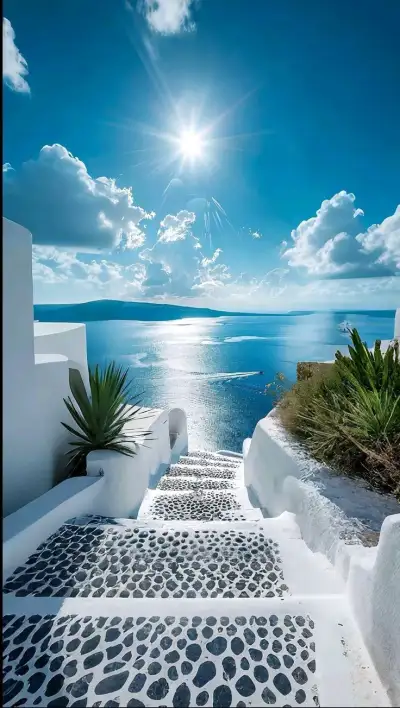 the sun shines brightly over an ocean scene with white buildings and blue sky, along with black and white patterned steps