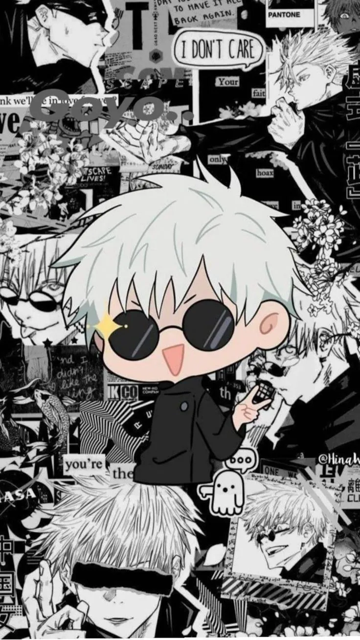 an anime character with white hair and black glasses, standing in front of a collage of