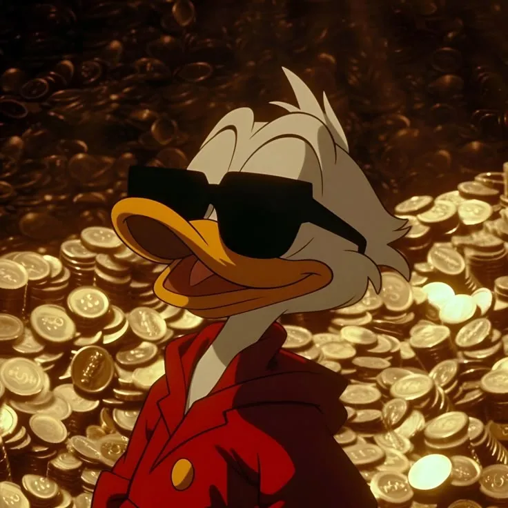 donald duck wearing sunglasses standing in front of gold coins