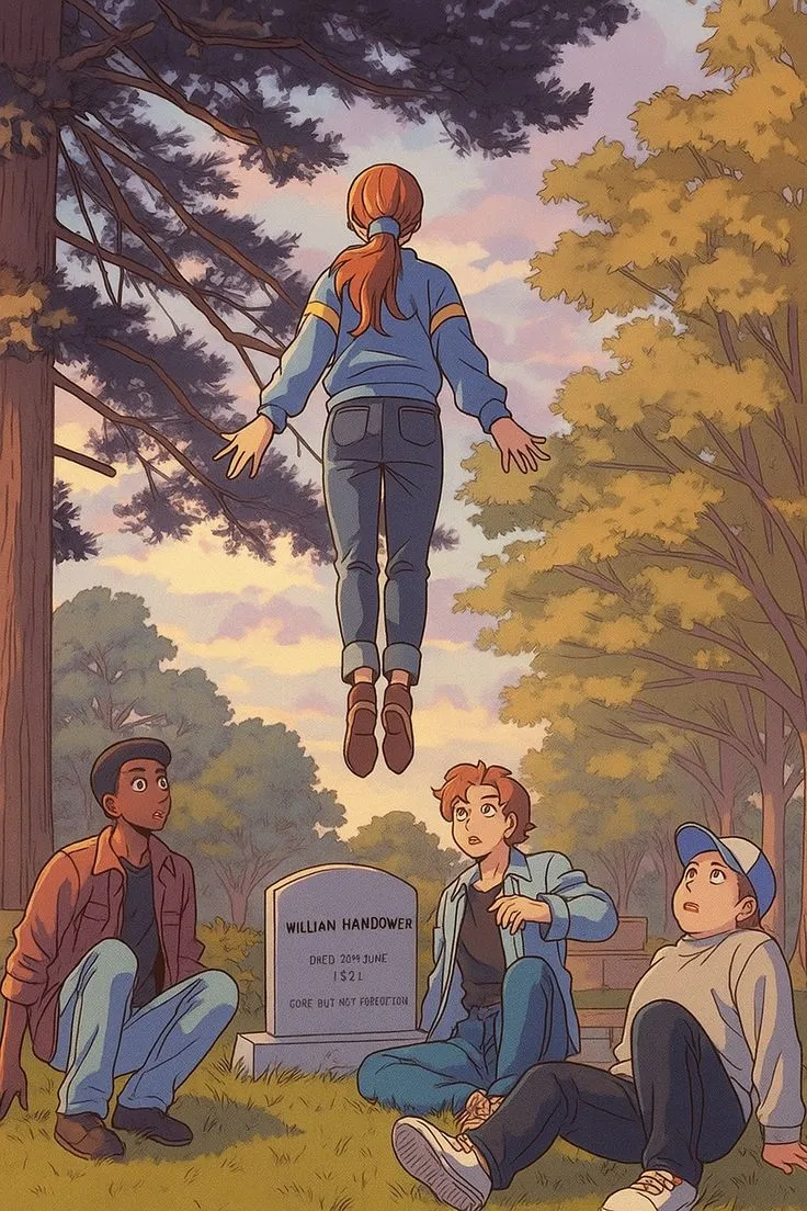 three people are sitting on the ground in front of a tree and one person is flying through the air