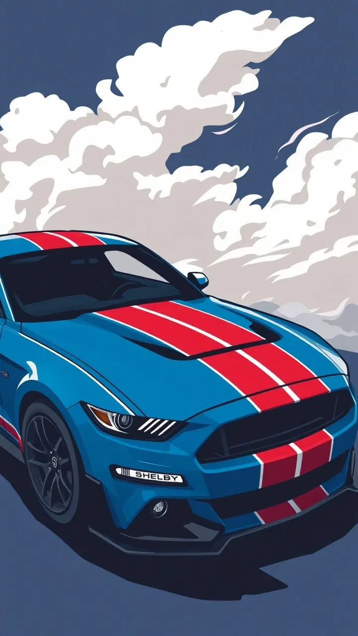 a painting of a blue mustang with red stripes