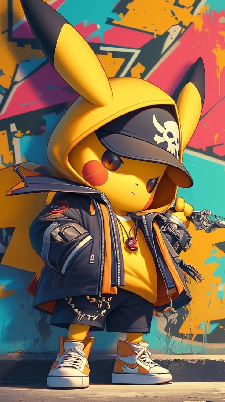 the pikachu character is standing in front of a graffiti wall with his hand on his hip