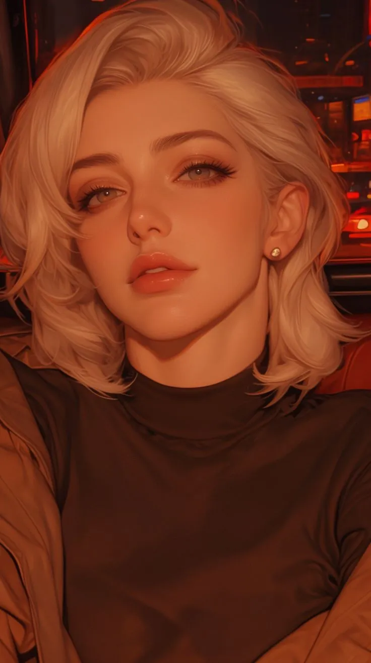 a woman with blonde hair sitting in a chair next to a bar and looking at the camera