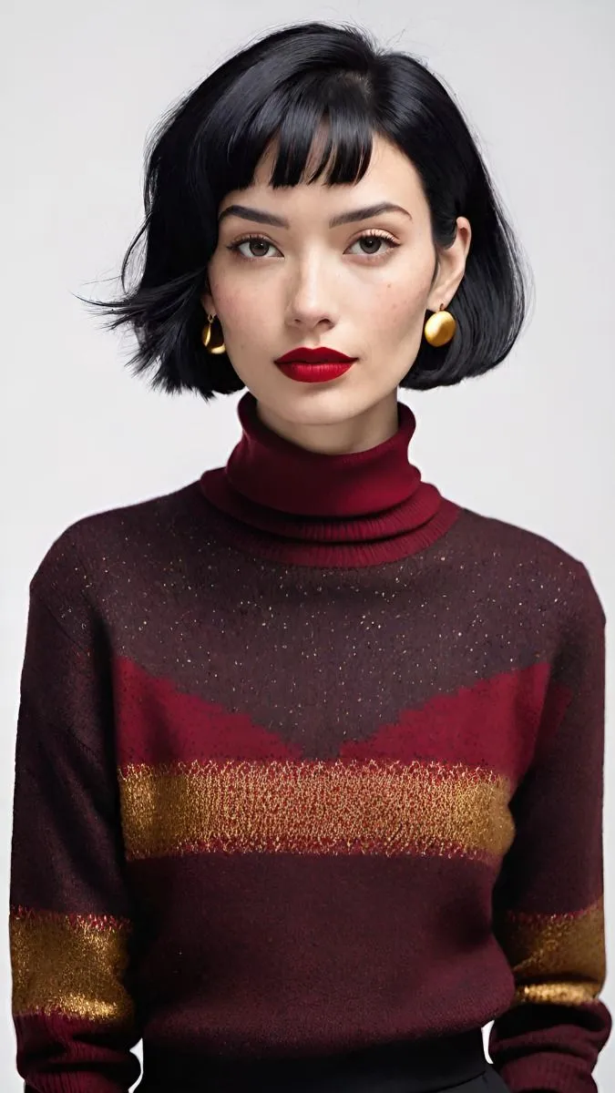 a woman with short black hair wearing a red and gold striped turtle neck sweater, standing in front of a white background