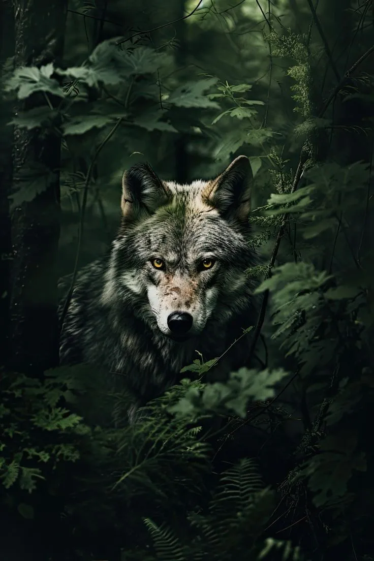a wolf standing in the middle of a forest filled with green plants and trees, looking at the camera