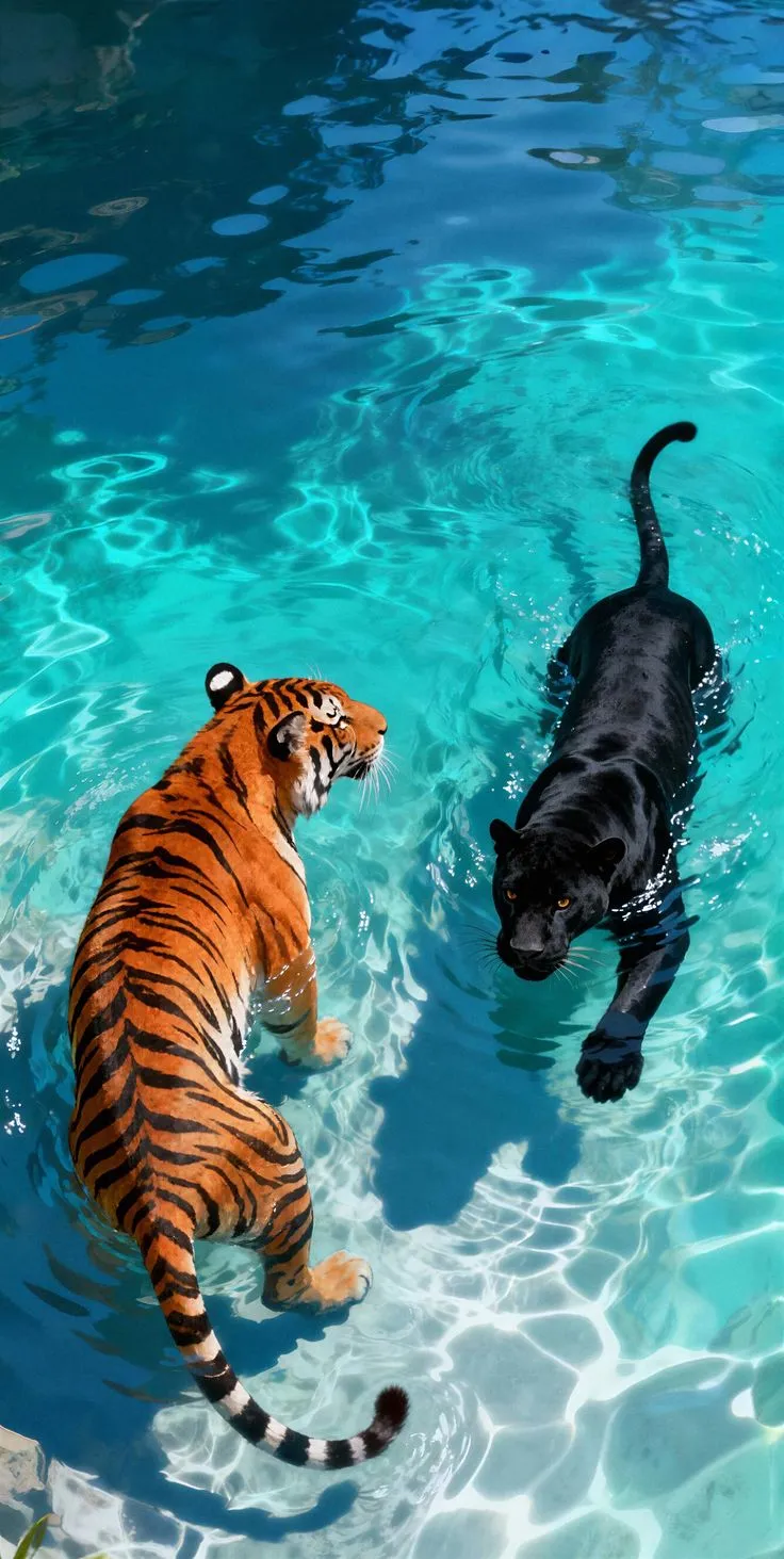 two tigers are playing in the water with each other and one is jumping into the pool
