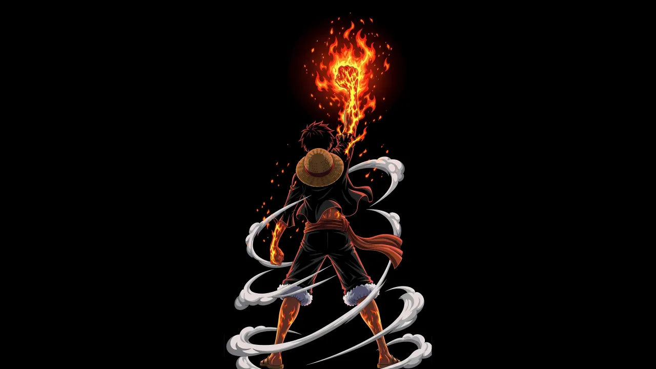 Monkey D. Luffy, Red Hawk, One Piece, AMOLED, Black background, 5K, Fire effect