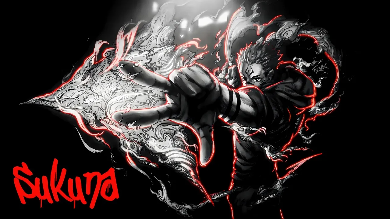 Sukuna, Action, Jujutsu Kaisen, Fire effect, Monochromatic, Dark background, Illustration