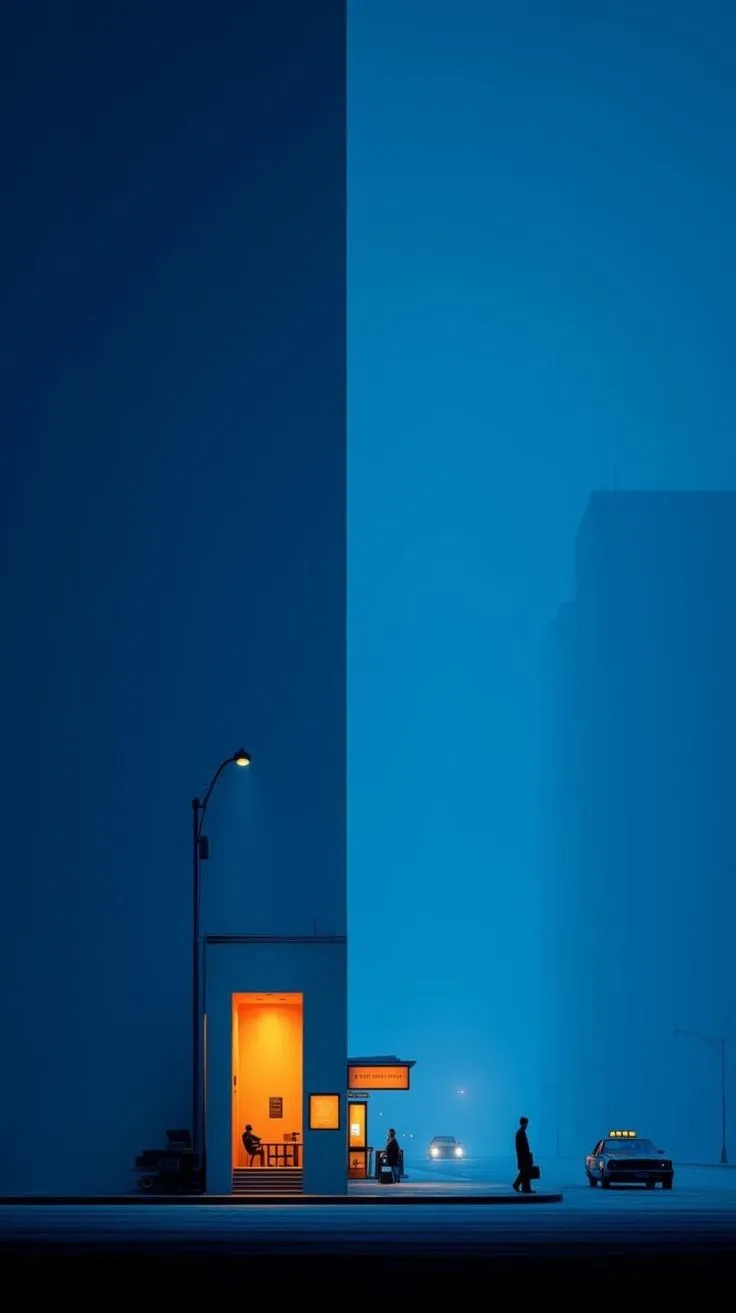 two cars are parked in front of a building at night with the lights on and people walking by