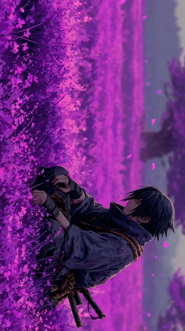 an anime character with long hair and black eyes, standing in front of purple trees
