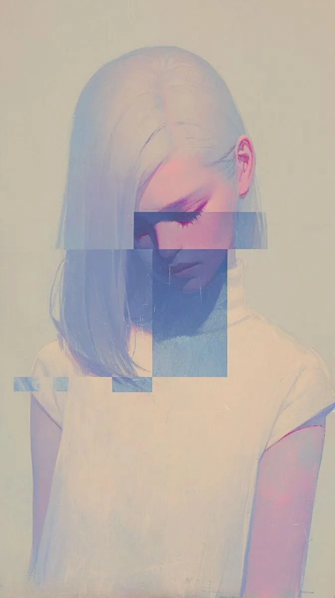 a woman with white hair and blue eyes wearing a white t - shirt is looking down at her face