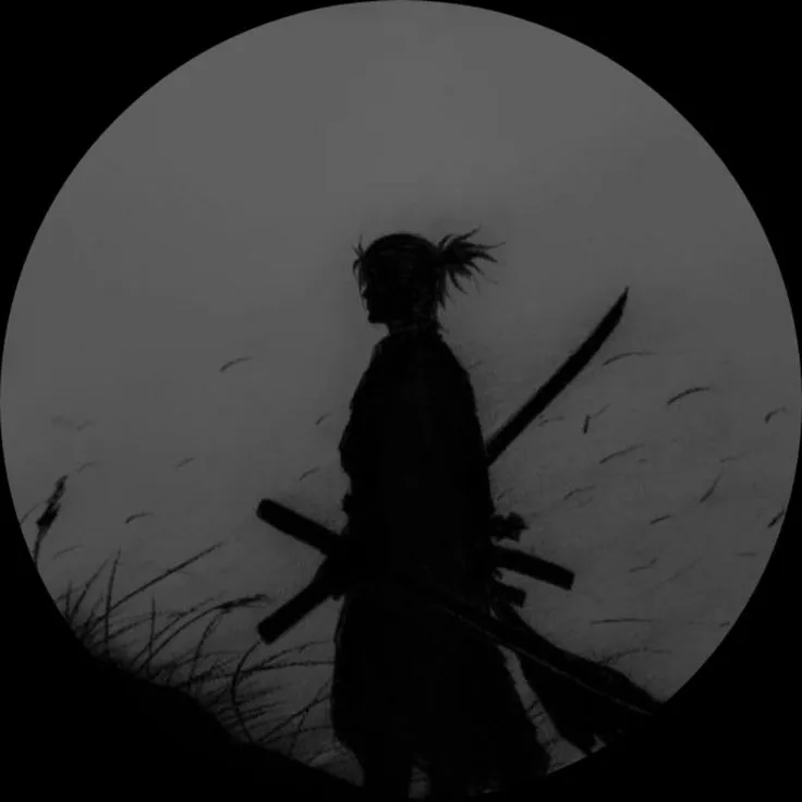 a person with two swords in their hands walking away from the camera on a foggy day