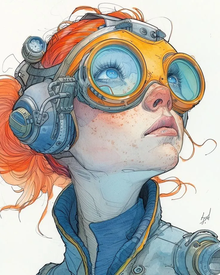 a drawing of a woman with goggles on her head and orange hair, looking up at the sky