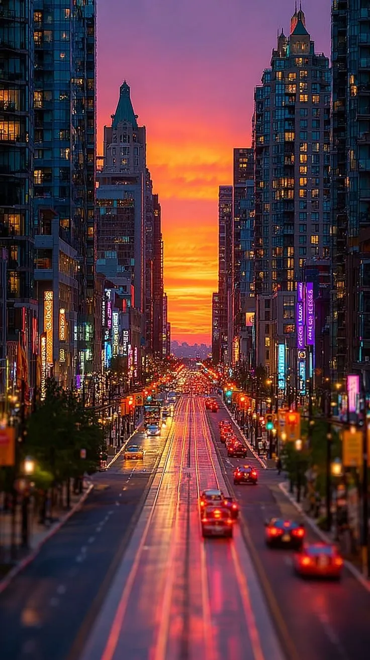 a city street filled with lots of traffic at sunset