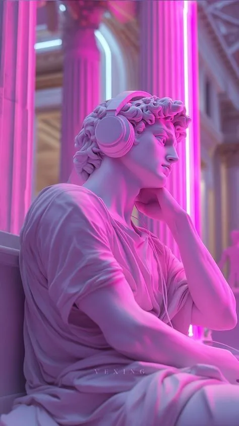 a woman with headphones sitting on a bench in front of pink lights and columns