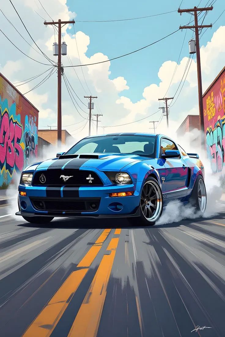 a blue mustang driving down a street with graffiti on the walls and power lines in the background