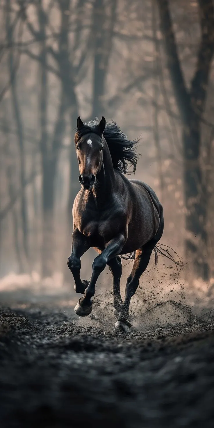 a horse is running through the woods