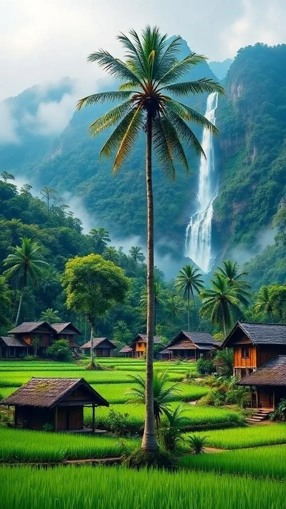 a lush green rice field with houses and a waterfall in the backgrouund