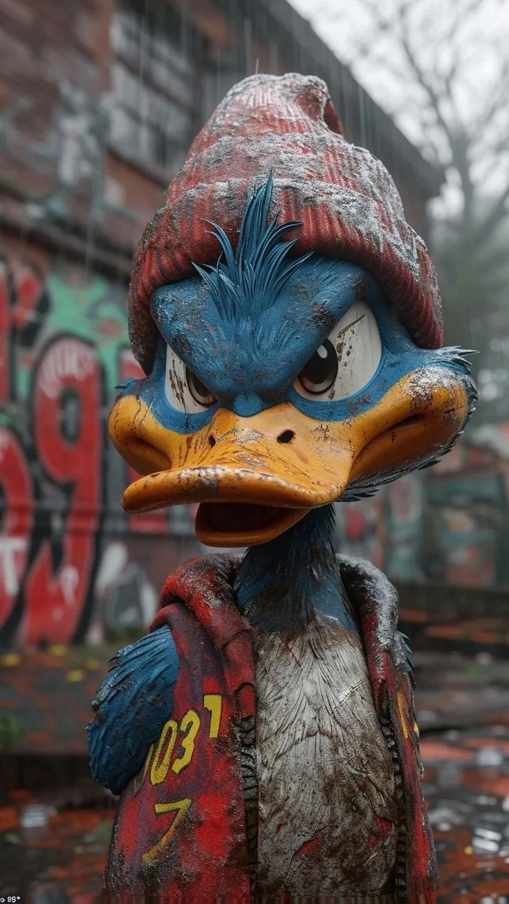 a close up of a statue of a bird wearing a jacket and hat with graffiti on the wall behind it