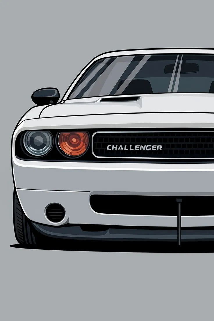the front end of a white dodge charger on a gray background with an orange light