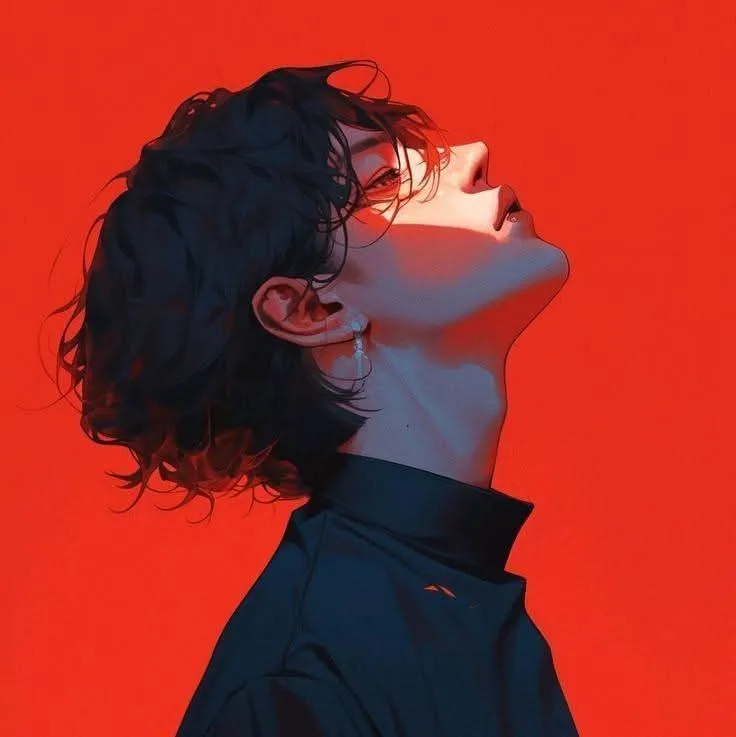 a painting of a woman's head with hair blowing in the wind, against a red background