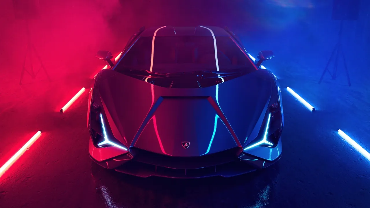 Lamborghini Sián Roadster, Neon, 5K, Supercars, Red and blue