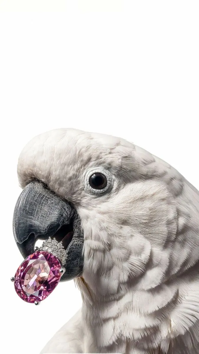 a white parrot with a pink diamond in its beak, looking at the camera while standing against a white background