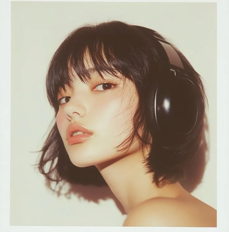 a woman with headphones on her ears