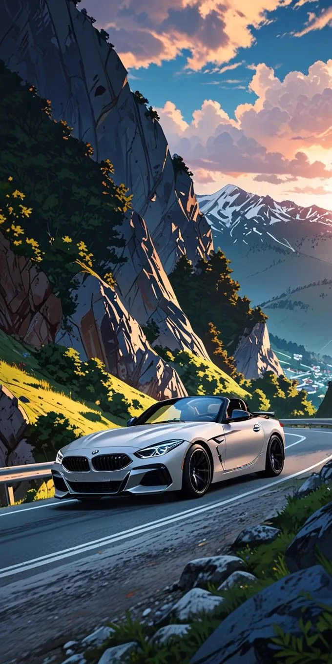 a white sports car driving down a mountain road