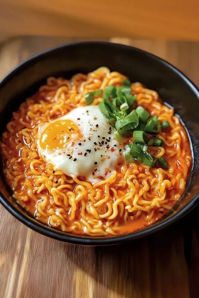 a black bowl filled with noodles and an egg on top of it, sitting on a wooden table