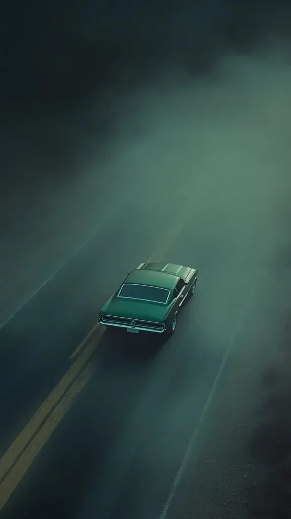 a green car driving down a foggy road