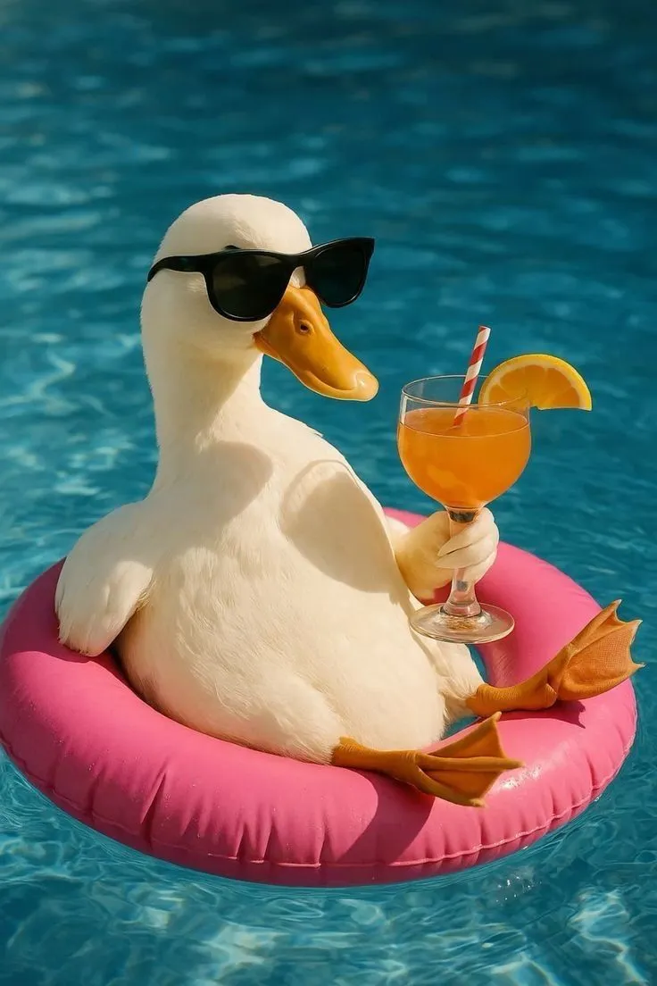 a duck wearing sunglasses sitting on an inflatable floater next to a drink
