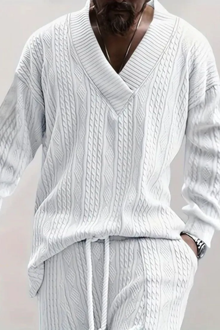 Cotton Blend Loose All Match Knitted Cable Sweater, Men's Casual Warm  V Neck Pullover Sweater