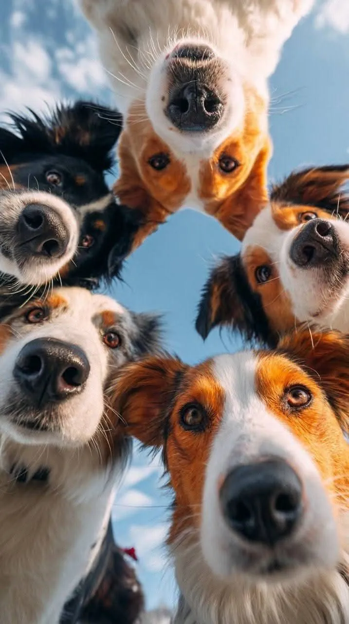 four dogs looking up at the camera with their eyes wide open and one dog sticking its head out