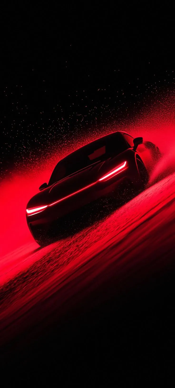 a car driving in the dark with red light coming from its hood and tail lights