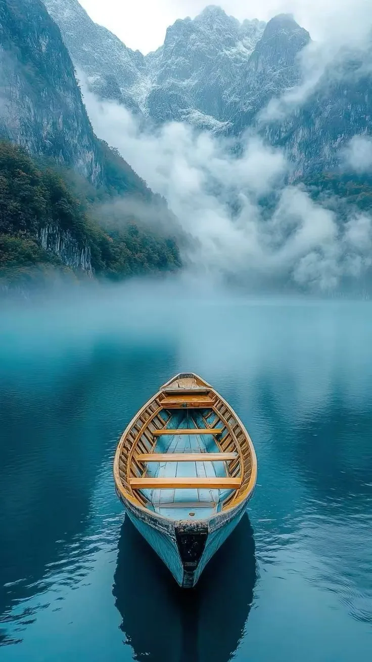 a boat floating on top of a lake surrounded by mountains