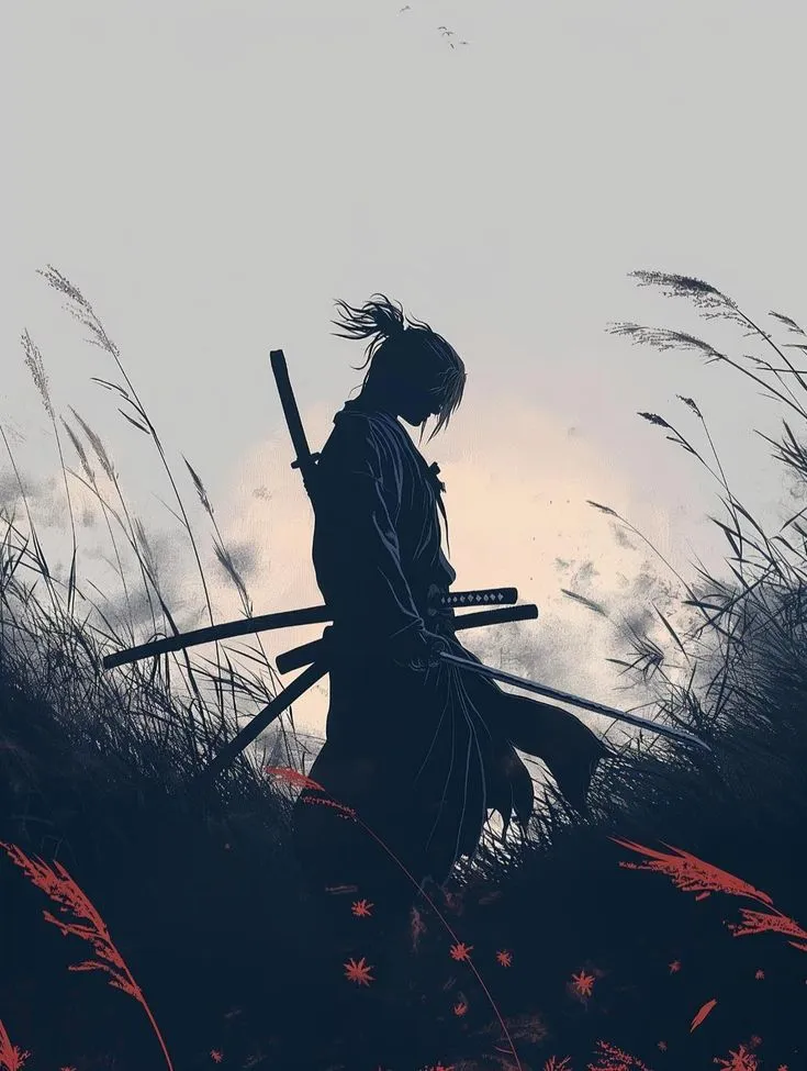 the silhouette of a person holding two samurai swords in front of tall grass and flowers
