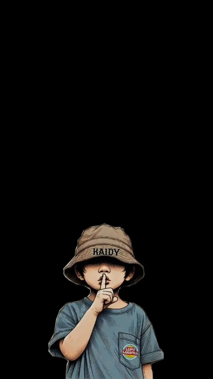 a boy wearing a hat with the word happy on it's forehead, standing in front of a black background