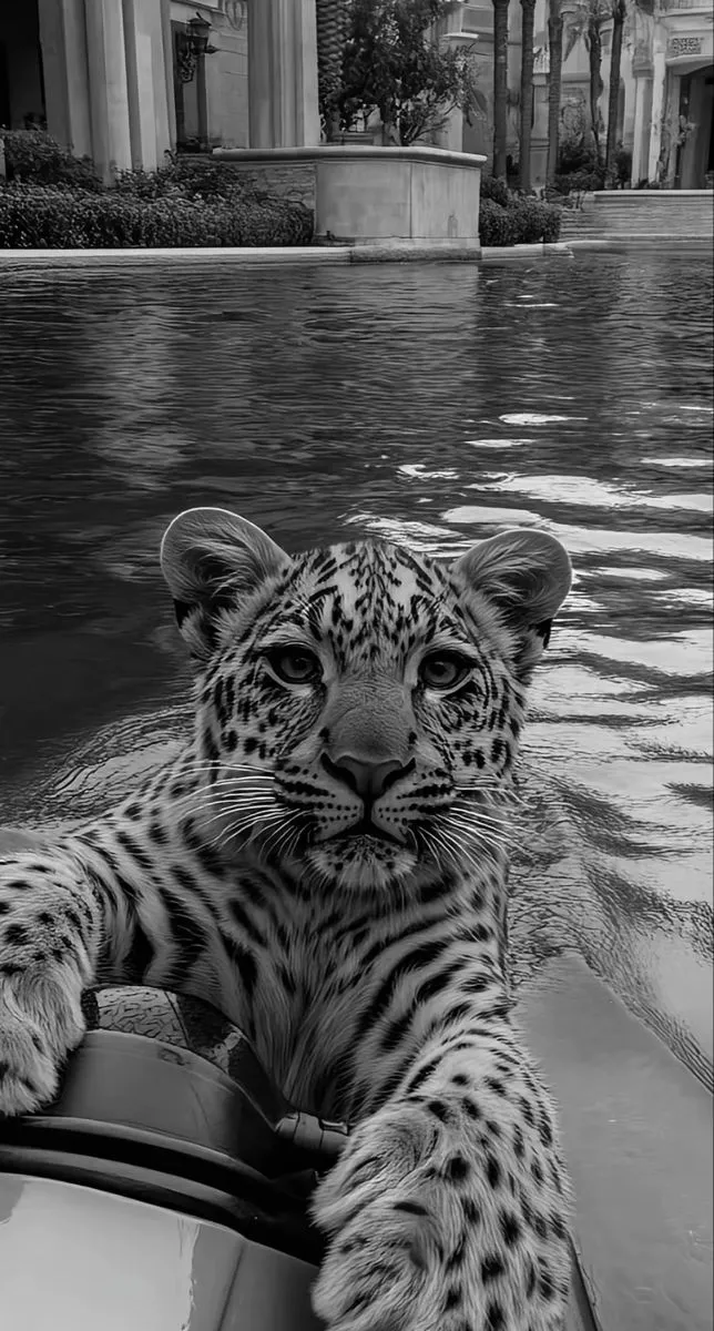 a black and white photo of a snow leopard on a boat in front of a building