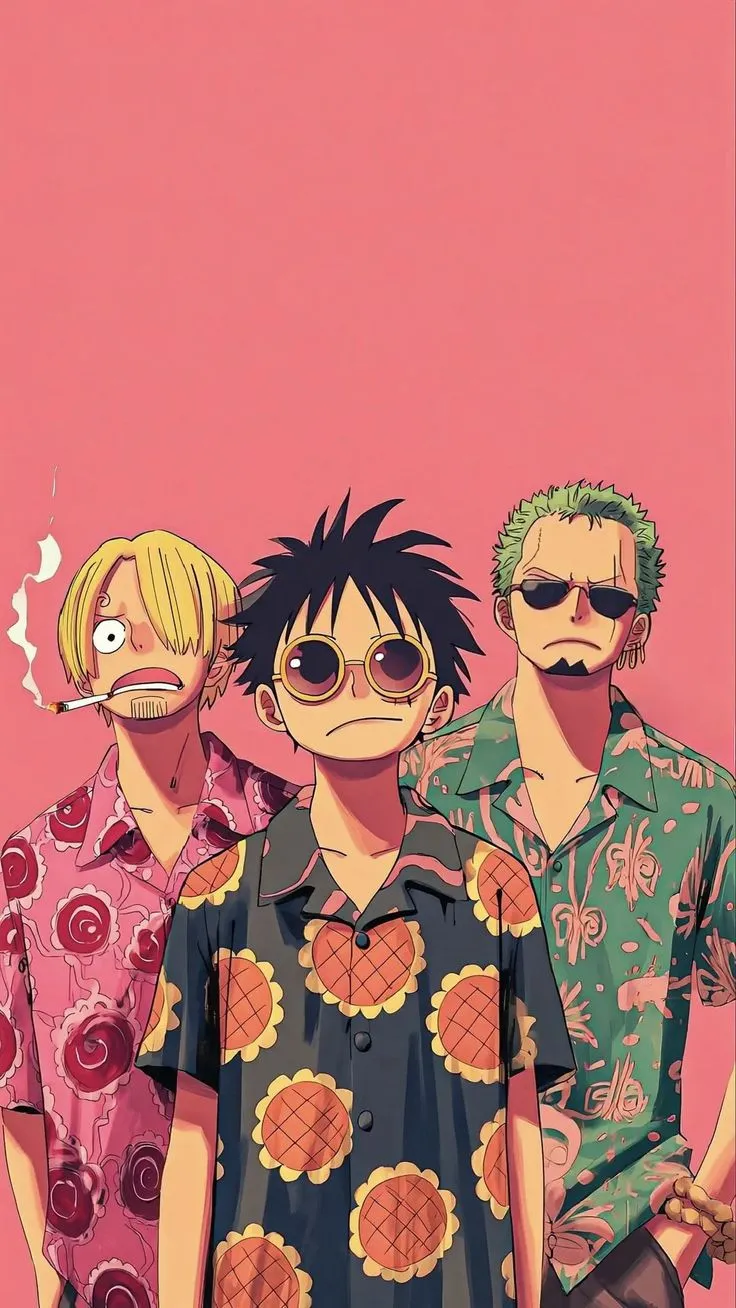 three young men standing next to each other in front of a pink wall with the same image on it