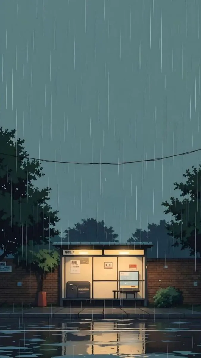 an image of a bus stop in the rain
