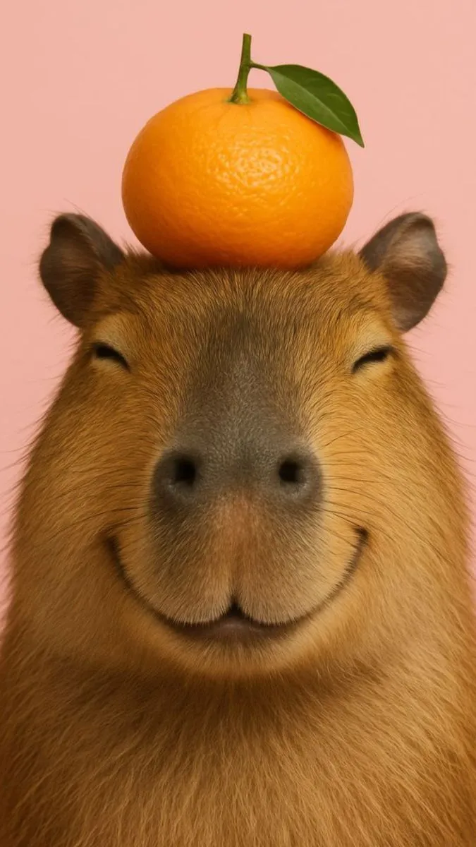 a capybara with an orange on top of it's head, against a pink background